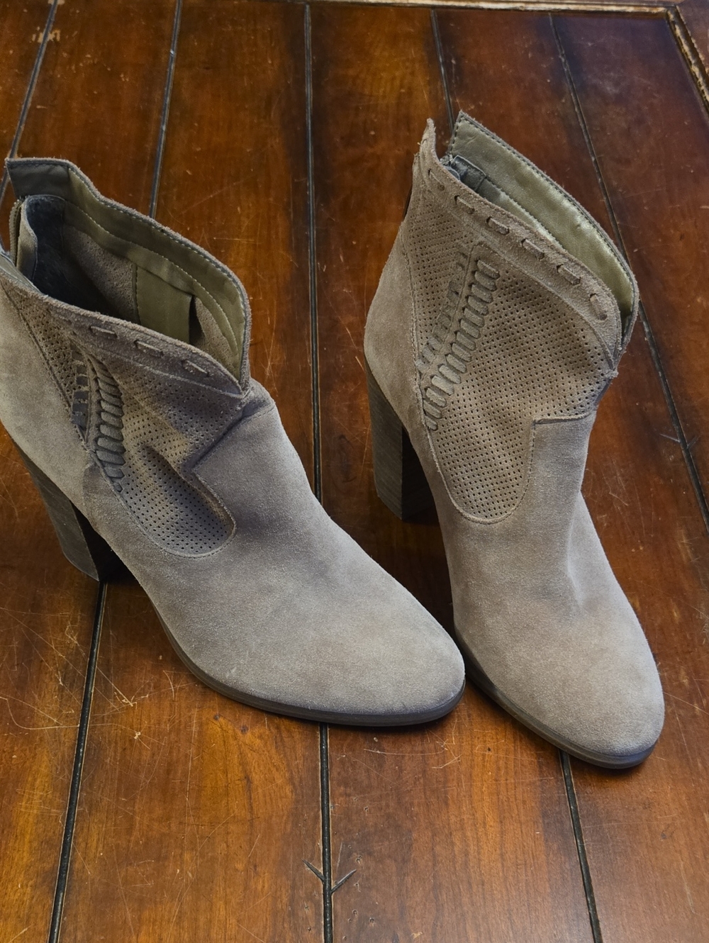 Vince Camuto Taupe Suede Ankle Booties with Block Heel